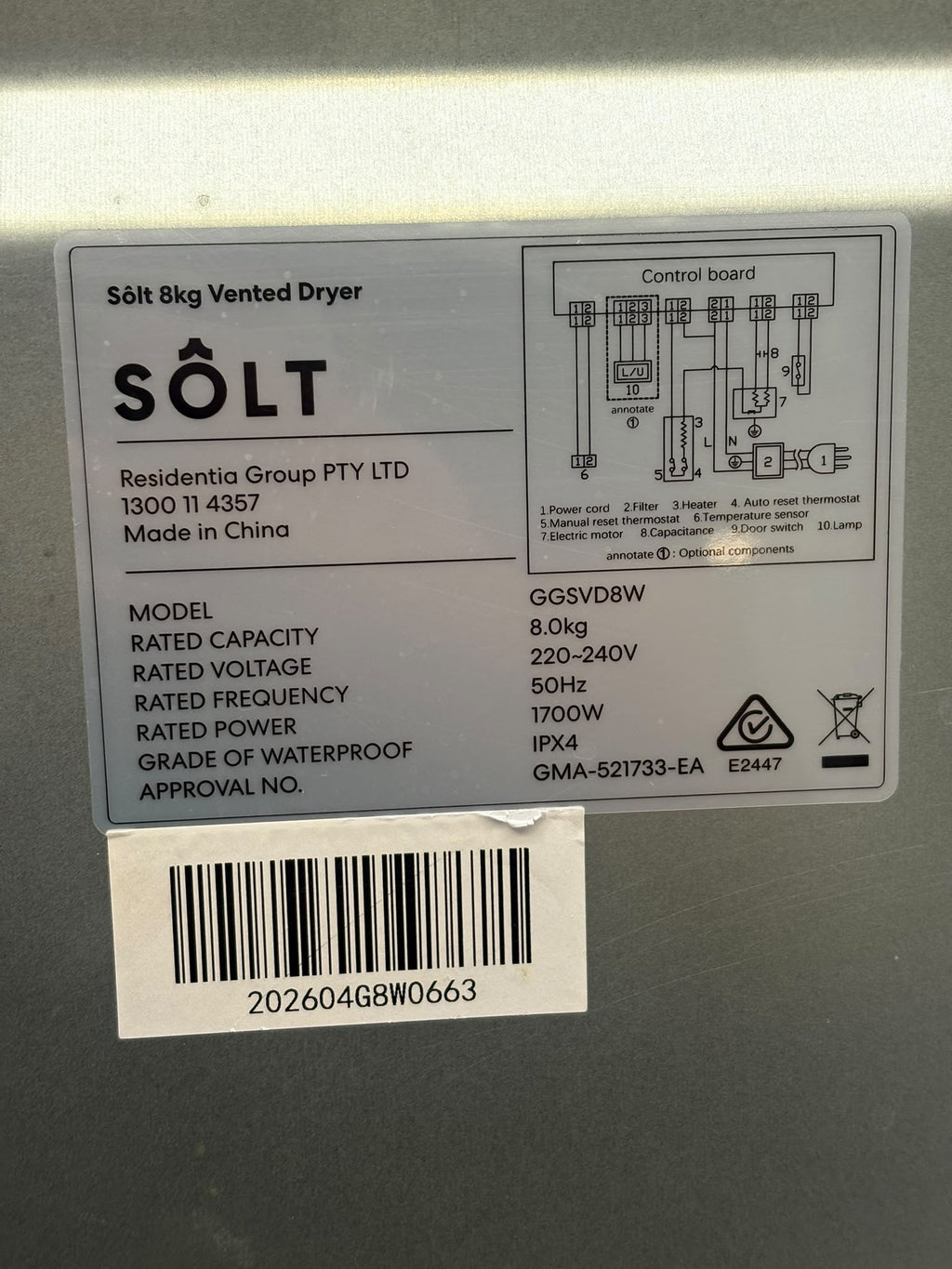 GGSVD8W 8kg Vented Sensor Dryer – White