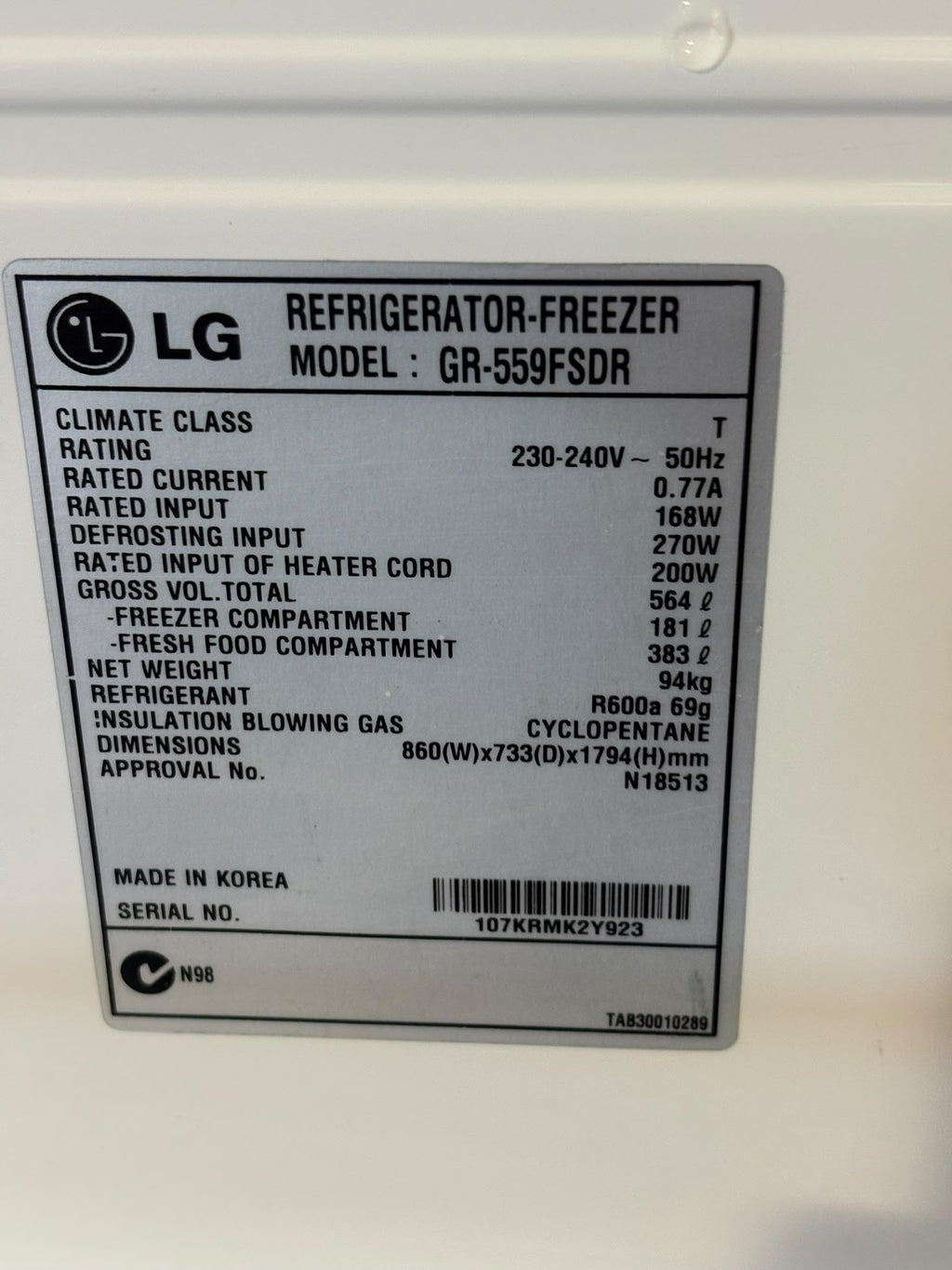 LG GR-559FSDR 564L Illuminar Top Mount Fridge with Water Dispenser