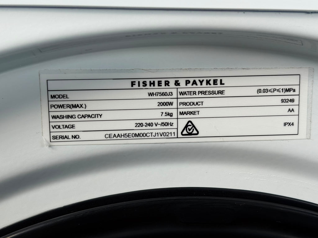 Fisher & Paykel WH7560J3 QuickSmart 7.5kg Front Load Washing Machine – White