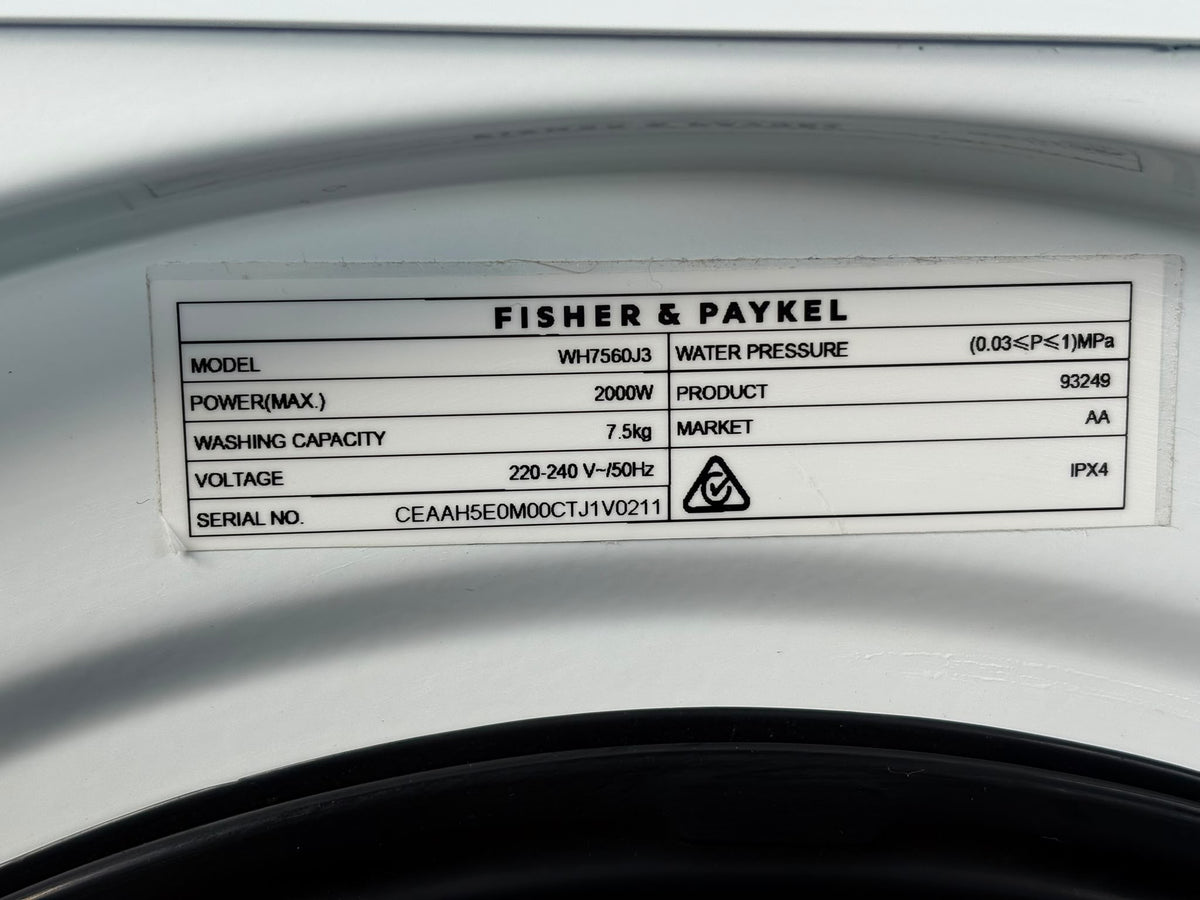 Fisher & Paykel WH7560J3 QuickSmart 7.5kg Front Load Washing Machine – White